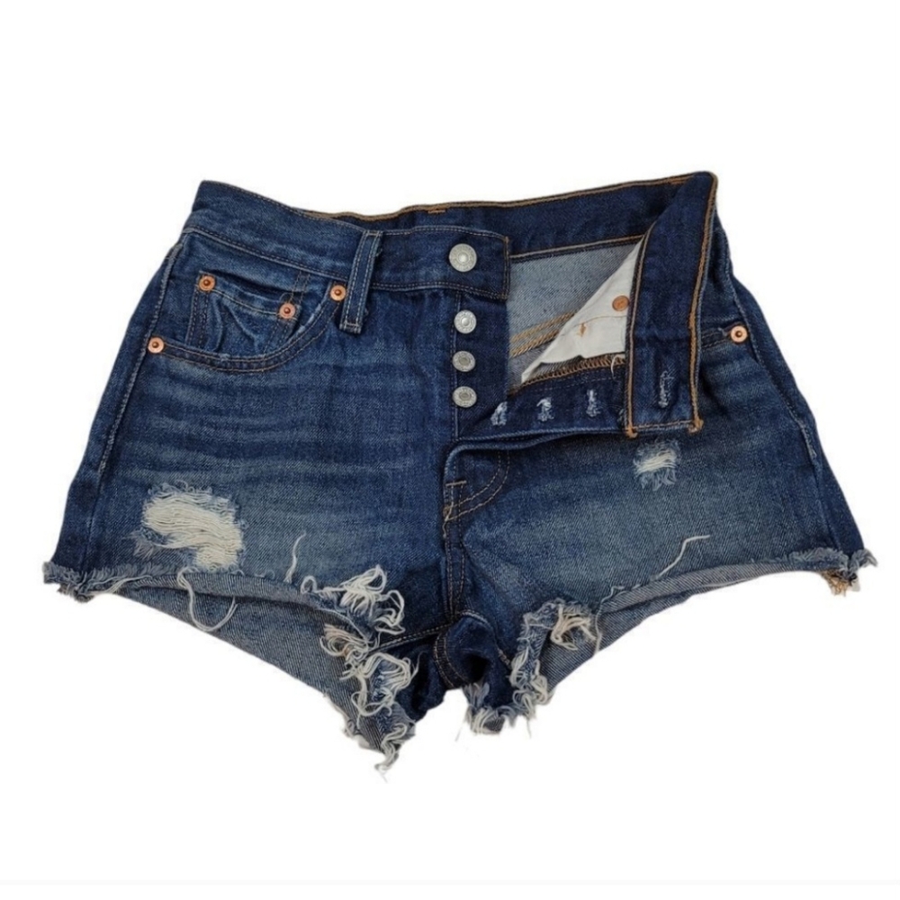 Levi's 501 Button Fly 100% Cotton Distressed Raw Hem Denim Shorts Size 24 - Picture 1 of 5
